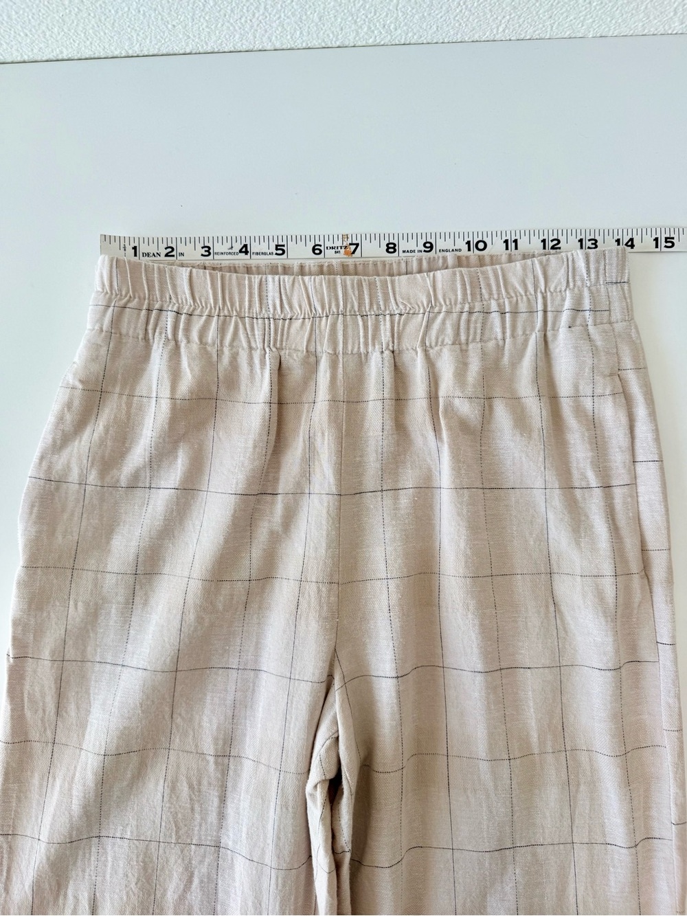 Zara Plaid Window Pain Cropped Cotton Linen Blend Pants-Cream Navy-Size Small - Picture 7 of 11